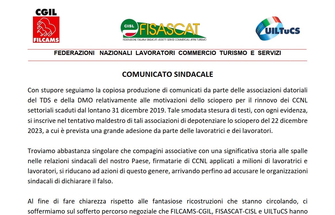 COMUNICATO SINDACALE - Filcams CGIL - Fisascat CISL - Uiltucs UIL 