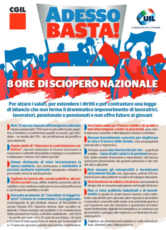CGIL e UIL: Adesso Basta! 5 Giornate di scioperi e manifestazioni contro la manovra